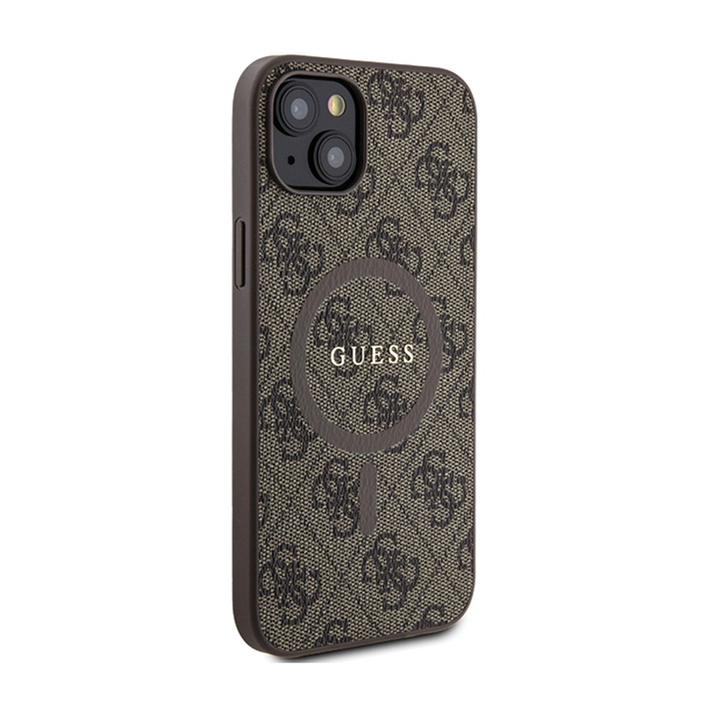 Guess 4G Collection Leather Metal Logo MagSafe - Etui iPhone 15 Plus / 14 Plus (brązowy)