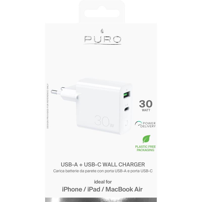 PURO Mini Fast Travel Charger - Szybka ładowarka sieciowa USB-A + USB-C Power Delivery 30W (biały)