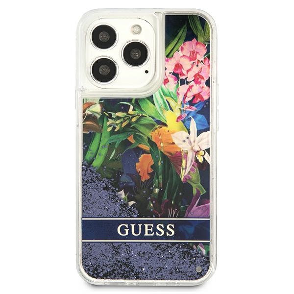 Guess Liquid Glitter Flower – Etui iPhone 13 Pro Max (niebieski)