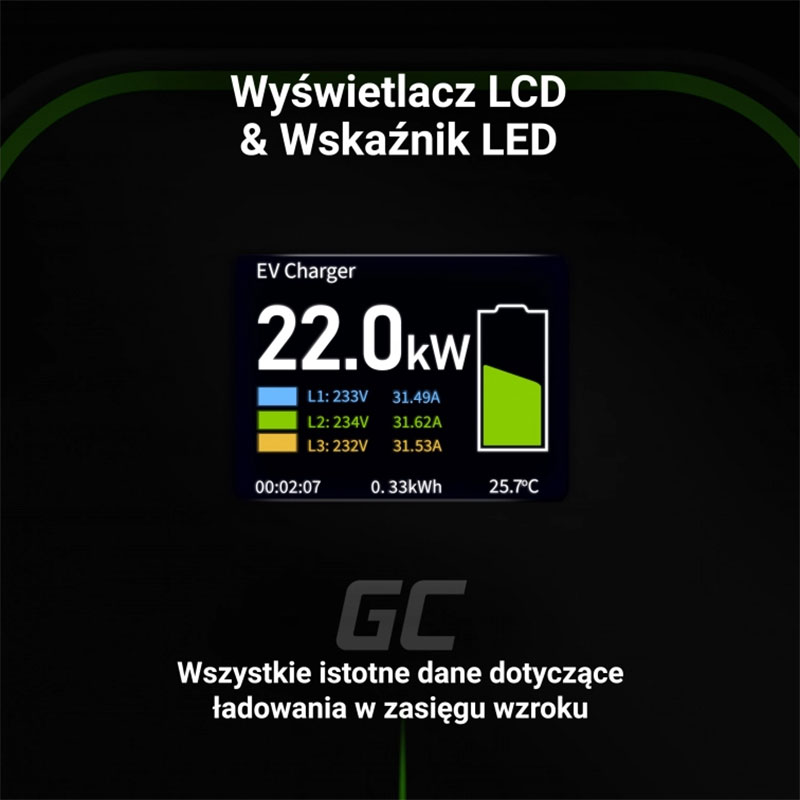 Green Cell - Ładowarka Wallbox GC EV PowerBox 22kW z gniazdem Type 2 do ładowania samochodów elektrycznych i hybryd Plug-In