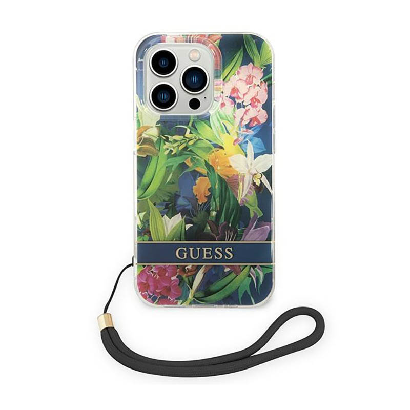 Guess Flower Cord - Etui ze smyczką iPhone 14 Pro (niebieski)