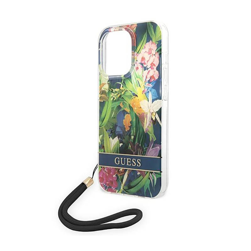Guess Flower Cord - Etui ze smyczką iPhone 14 Pro (niebieski)