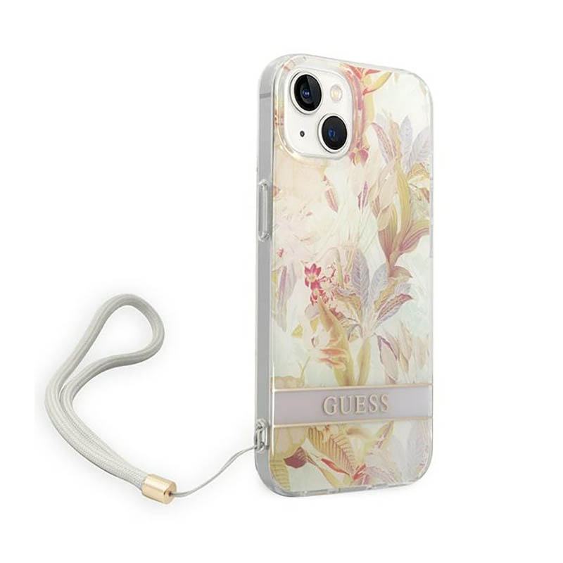 Guess Flower Cord - Etui ze smyczką iPhone 14 (fioletowy)