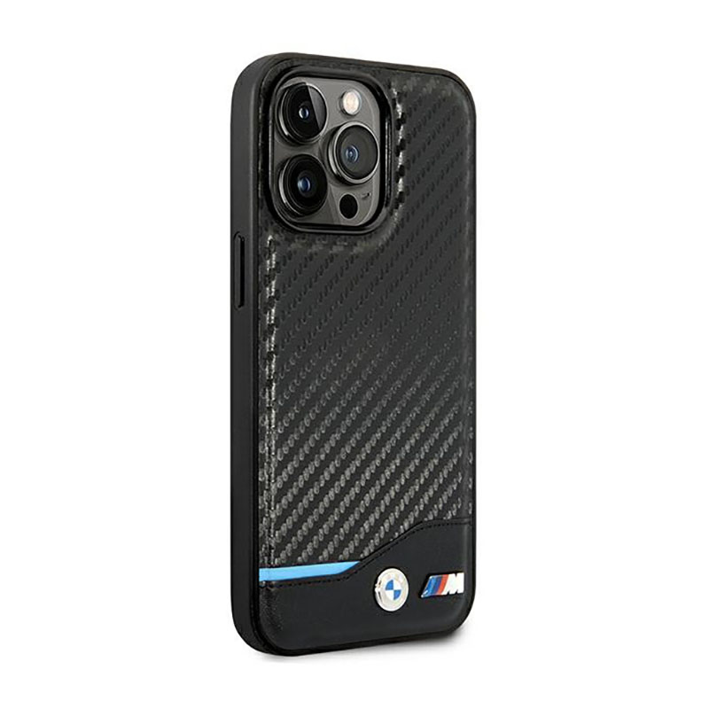 BMW Leather Carbon Blue Line – Etui iPhone 14 Pro (Czarny)