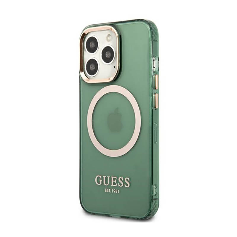 Guess Gold Outline Translucent MagSafe - Etui iPhone 13 Pro Max (zielony)