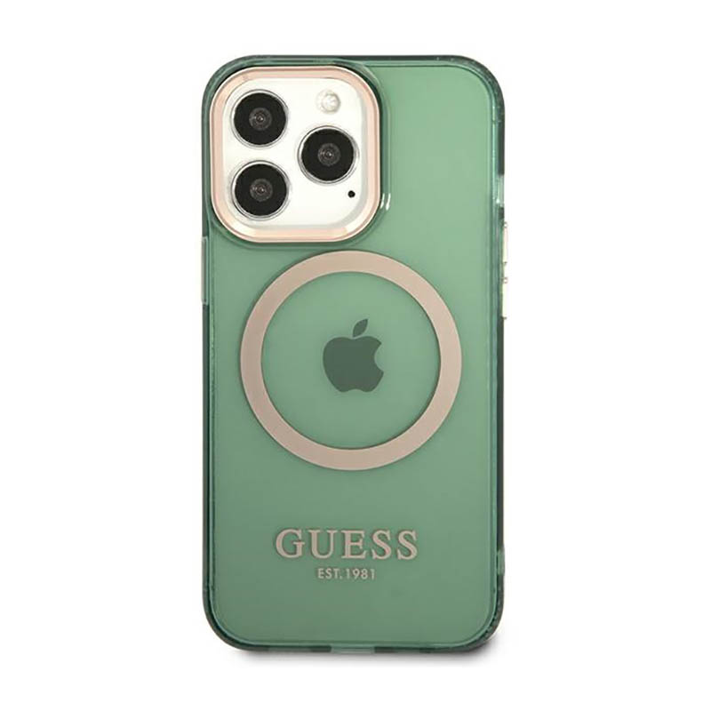 Guess Gold Outline Translucent MagSafe - Etui iPhone 13 Pro Max (zielony)