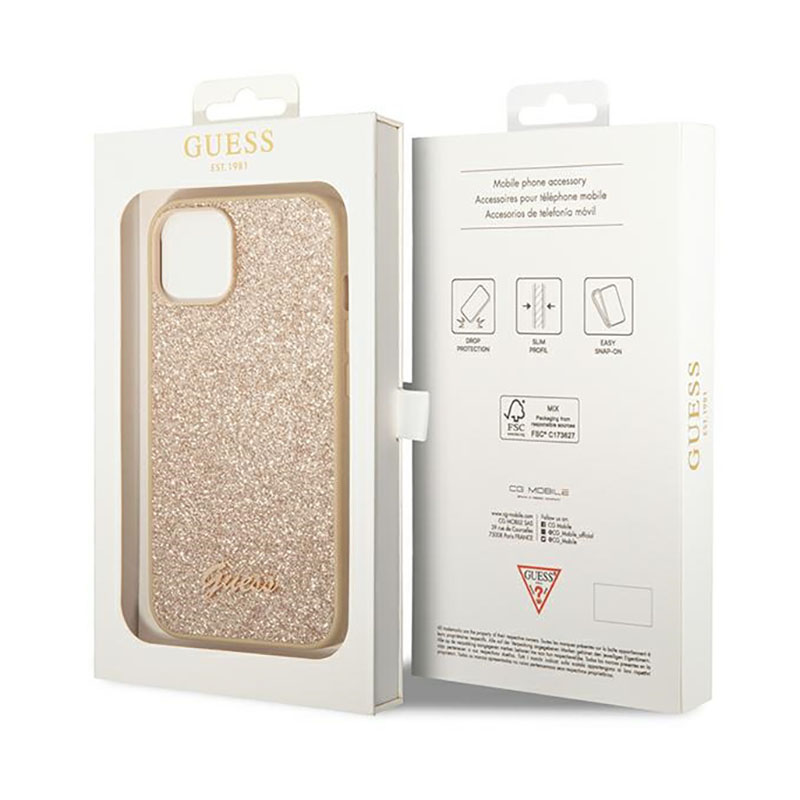 Guess Glitter Flakes Metal Logo Case – Etui iPhone 14 Plus (złoty)