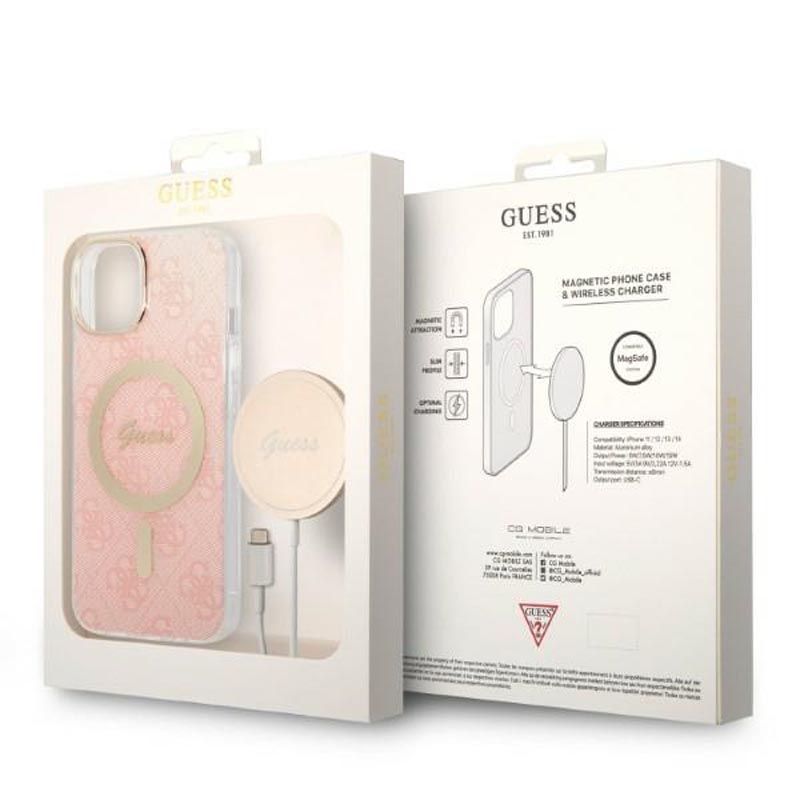 Guess Bundle Pack MagSafe 4G - Zestaw etui + ładowarka MagSafe iPhone 14 (różowy/złoty)