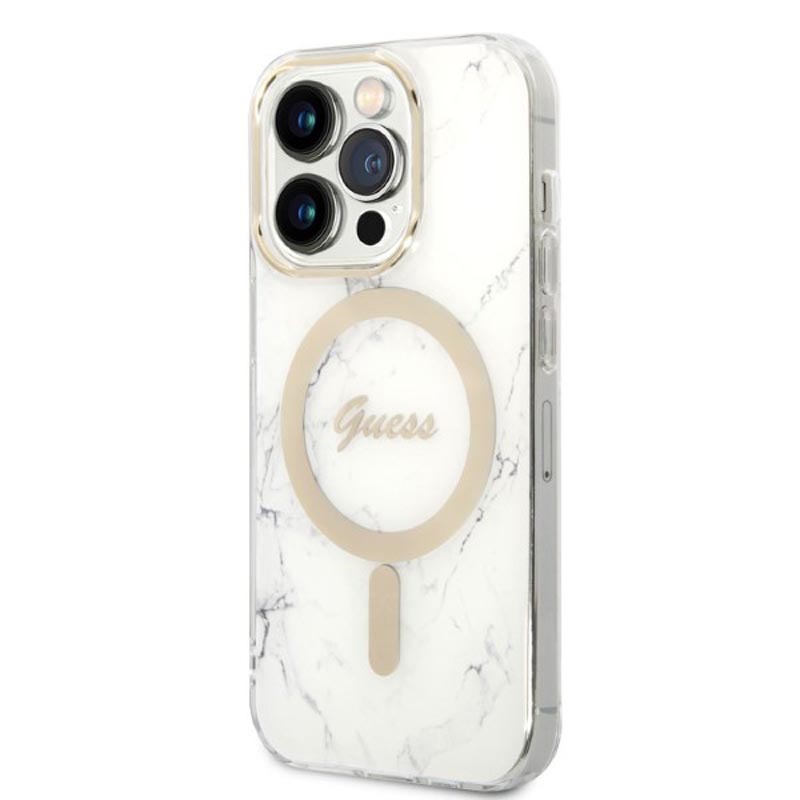 Guess Bundle Pack MagSafe IML Marble - Zestaw etui + ładowarka MagSafe iPhone 14 Pro Max (biały/złoty)
