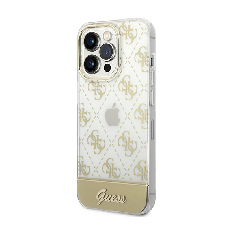Guess 4G Stripe Script Logo Electroplated Pattern – Etui iPhone 14 Pro (złoty)