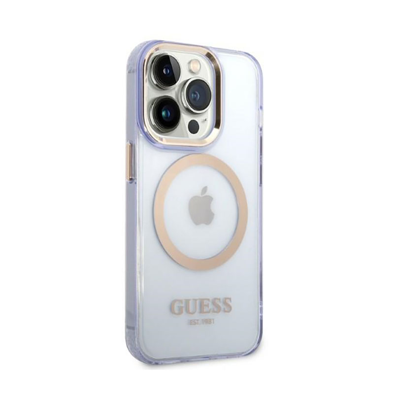Guess Gold Outline Translucent MagSafe - Etui iPhone 14 Pro Max (fioletowy)