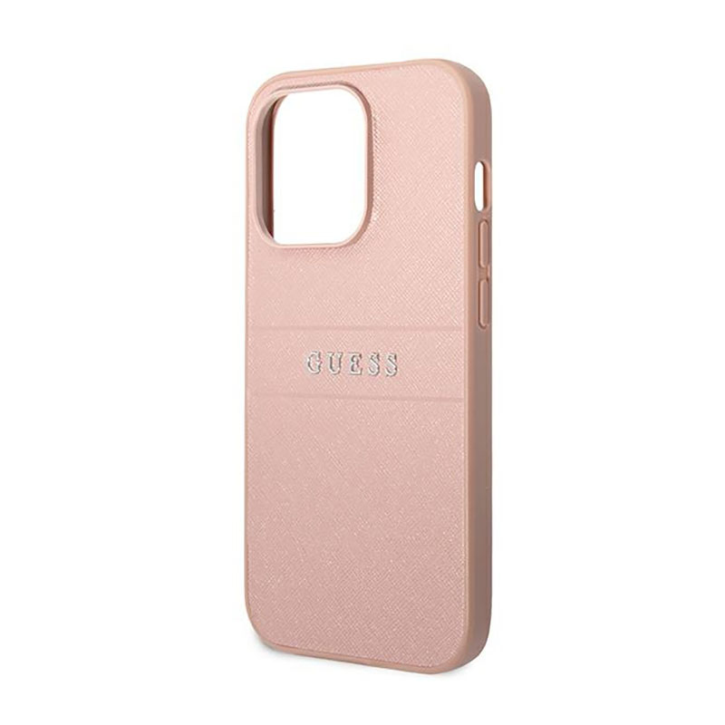 Guess Saffiano Metal Logo Stripes - Etui iPhone 14 Pro (różowy)