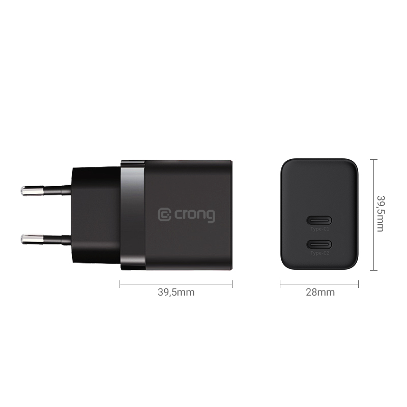 Crong Ultra Compact GaN - Ładowarka sieciowa 2x USB-C 35W PD 3.0 z PPS (czarny)