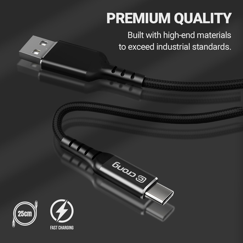 Crong Armor Link - Kabel 60W 3A USB-A do USB-C Fast Charging 25cm (czarny)
