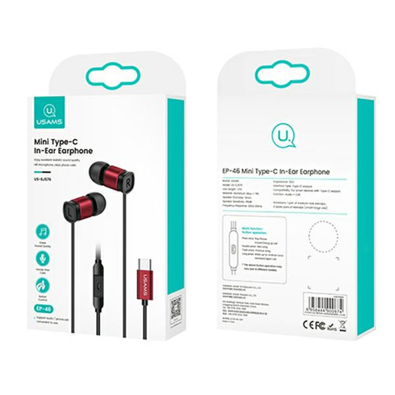 USAMS EP-46 - Słuchawki stereo USB-C (czerwony)