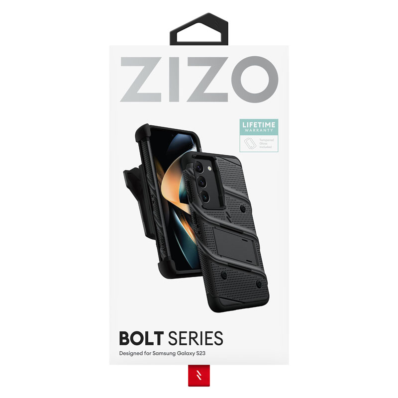 ZIZO BOLT Series - Pancerne etui Samsung Galaxy S23 ze szkłem 9H na ekran + uchwyt z podstawką (czarny)