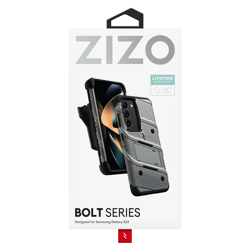 ZIZO BOLT Series - Pancerne etui Samsung Galaxy S23 ze szkłem 9H na ekran + uchwyt z podstawką (szary)