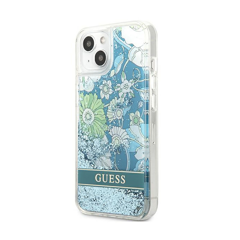 Guess Liquid Glitter Flower – Etui iPhone 13 mini (niebieski/zielony)