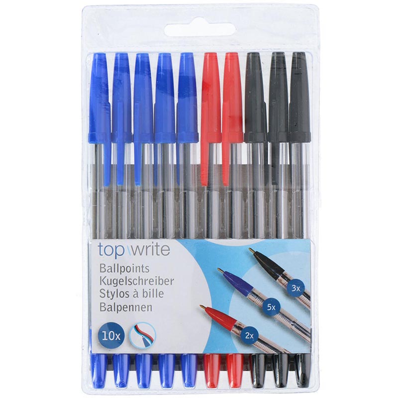 Topwrite - Zestaw długopisów kulkowych 10 szt. (niebieski/czarny/czerwony)