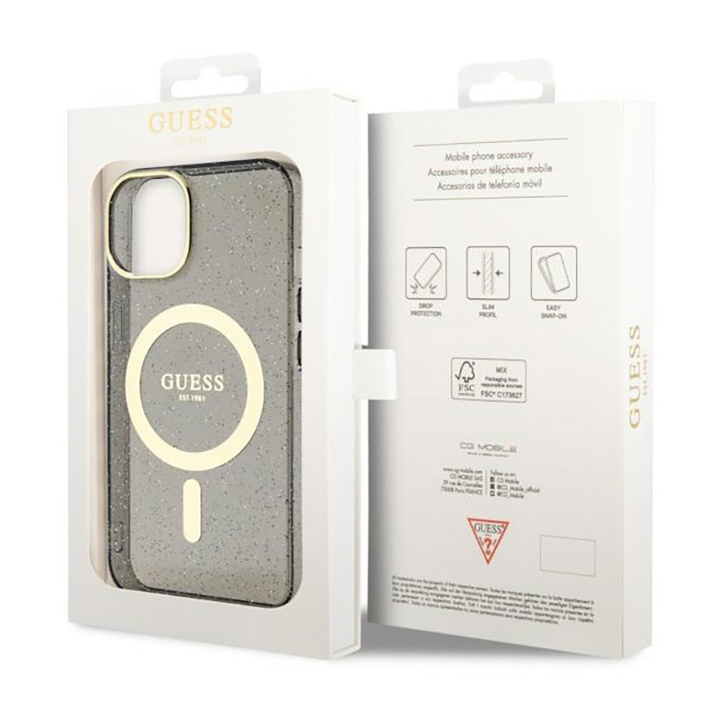 Guess Glitter Gold MagSafe - Etui iPhone 14 Plus (Czarny)
