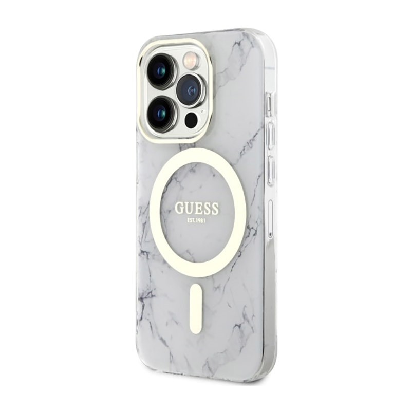Guess Marble MagSafe - Etui iPhone 14 Pro (Biały)