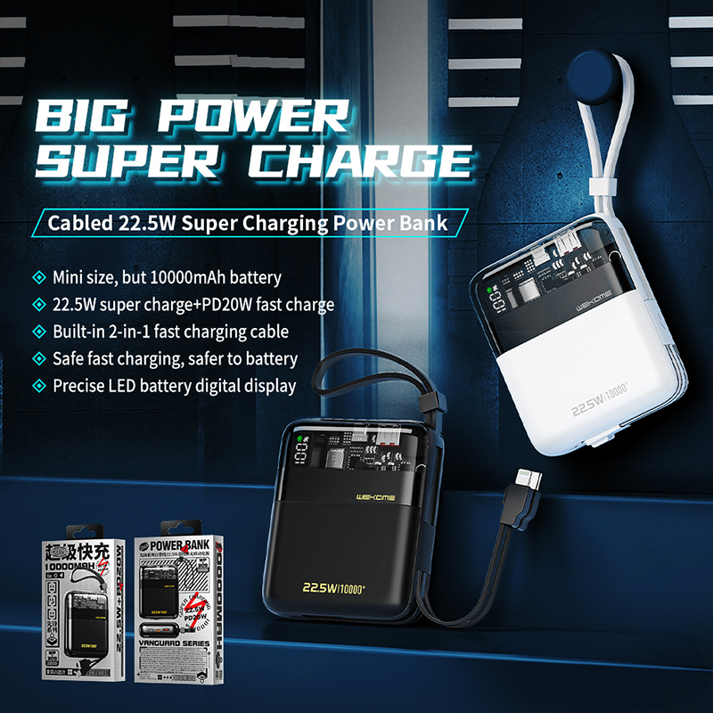 WEKOME WP-309 Vanguard Series - Power bank 10000 mAh Super Charging z wbudowanym kablem USB-C & Lightning PD 20W + QC 22.5W (Biały / Przezroczysty)