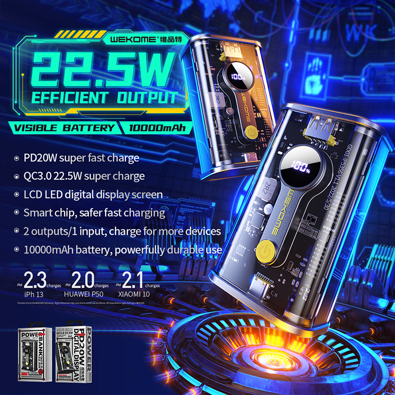 WEKOME WP-333 Vanguard Series - Power bank 10000 mAh Super Charging PD 20W + QC 22.5W (Czarny / Przezroczysty)
