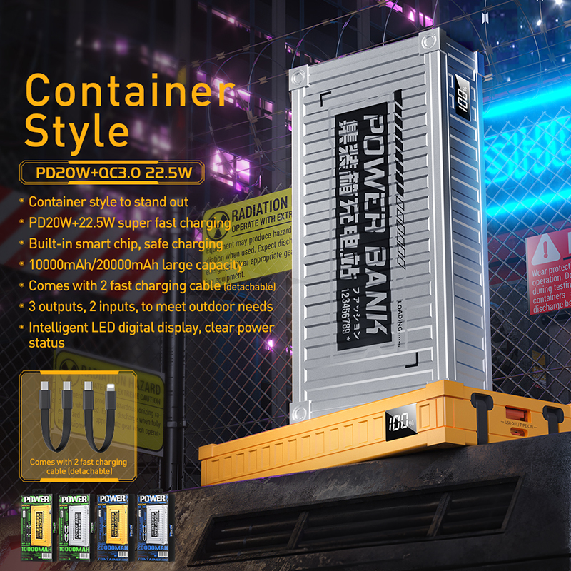 WEKOME WP-341 Container Series - Power bank 20000 mAh Super Charging z wbudowanym kablem USB-C & Lightning PD 20W + QC 22.5W (Żółty)