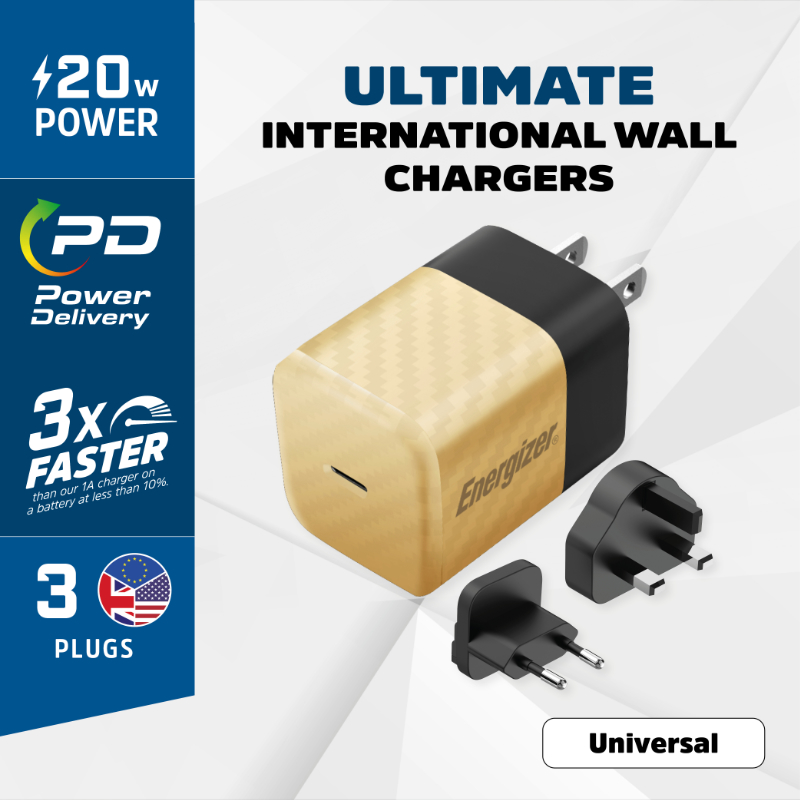 Energizer Ultimate - Ładowarka sieciowa Multiplug EU / UK / US GaN USB-C 20W PD (Złoty)