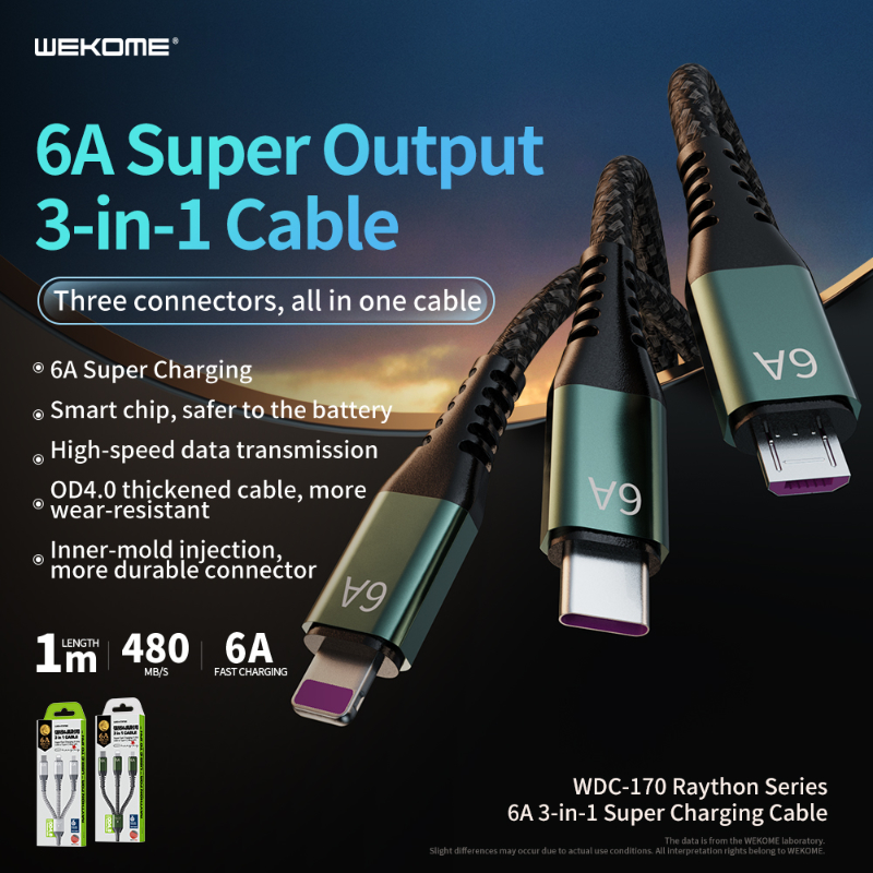 WEKOME WDC-170 Raython Series - Kabel połączeniowy 3w1 USB-A do USB-C + Lightning + Micro USB Fast Charging PD 1.2 m (Srebrny)
