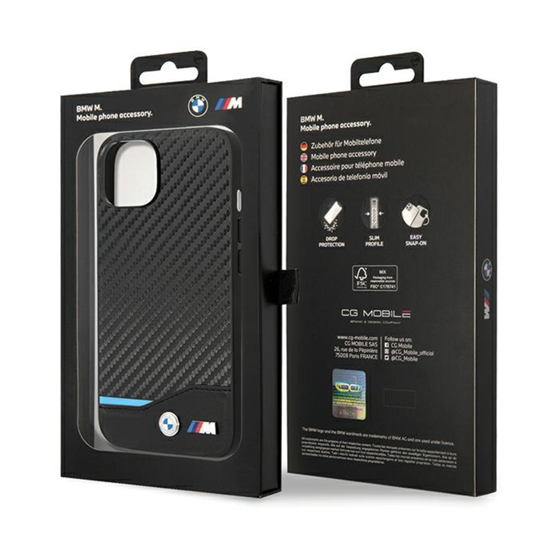BMW Leather Carbon Blue Line - Etui iPhone 13 (Czarny)