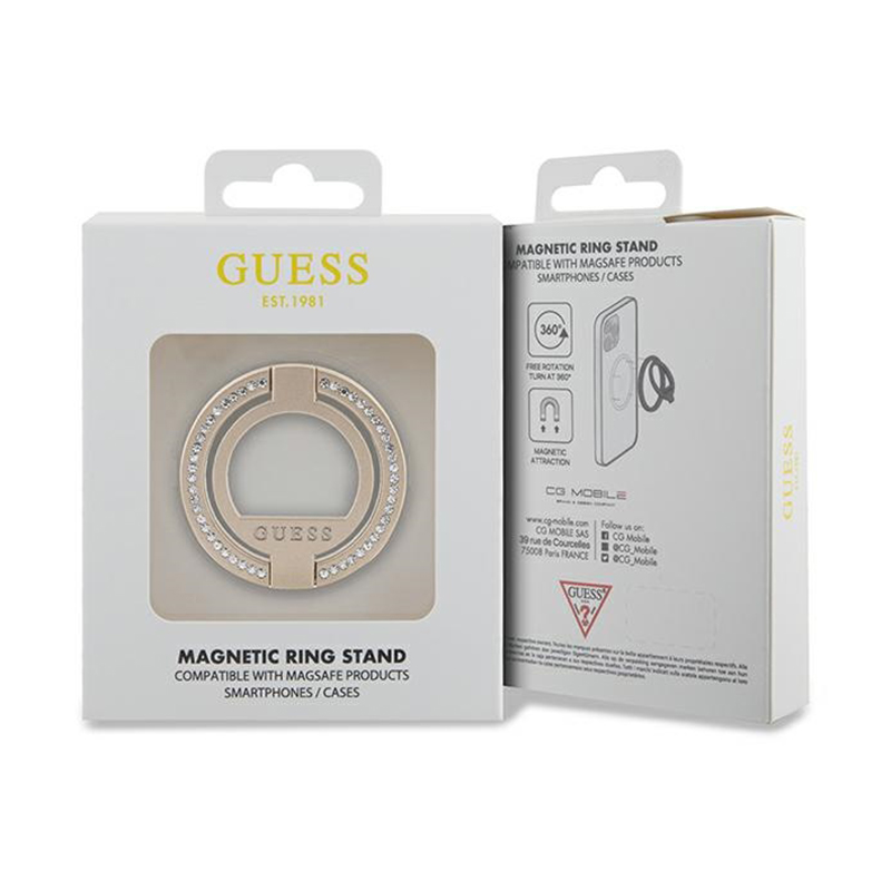 Guess MagSafe Ring Stand Rhinestone - Magnetyczny uchwyt na palec do telefonu z funkcją standu (Złoty)