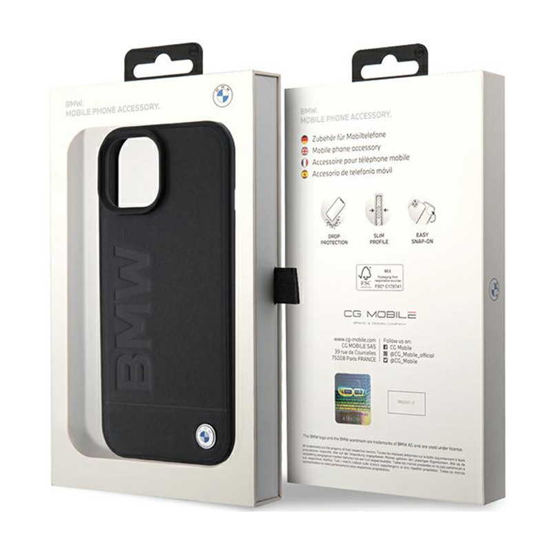 BMW Leather Hot Stamp MagSafe - Etui iPhone 15 Plus (Czarny)