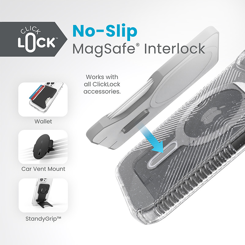 Speck Presidio Lux Grip ClickLock & MagSafe - Etui iPhone 15 / iPhone 14 / iPhone 13 (Clear / Platinium Glitter / Chrome Finish / Serene Silver)