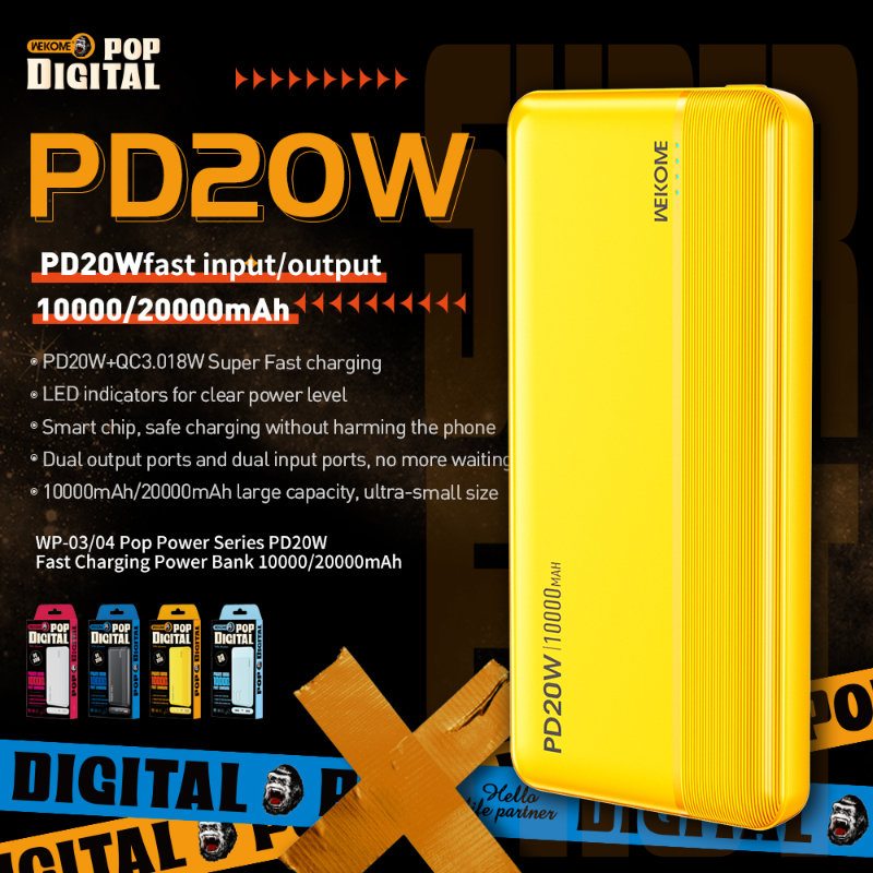 WEKOME WP-04 Pop Digital Series - Power bank 20000 mAh Fast Charging USB-C PD 20W + USB-A QC3.0 18W (Czarny)