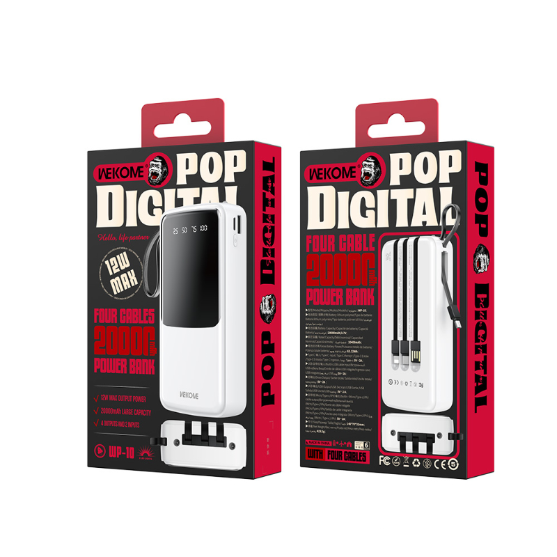 WEKOME WP-10 Pop Digital Series - Power bank 20000 mAh z wbudowanym kablem USB-C / Lightning / Micro USB / USB-A (Czarny)
