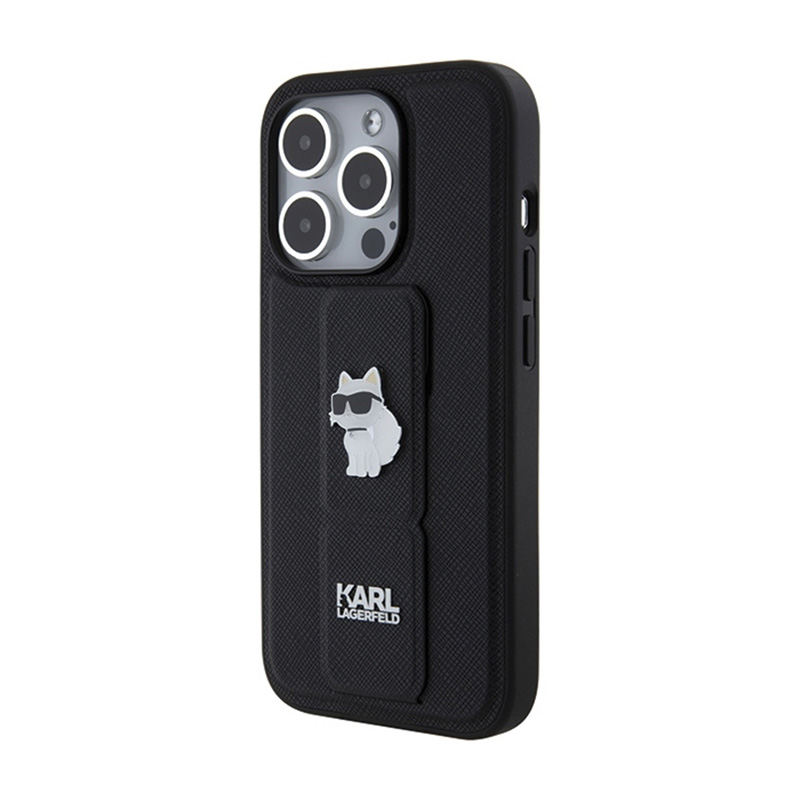 Karl Lagerfeld Gripstand Saffiano Choupette Pins - Etui iPhone 15 Pro (czarny)