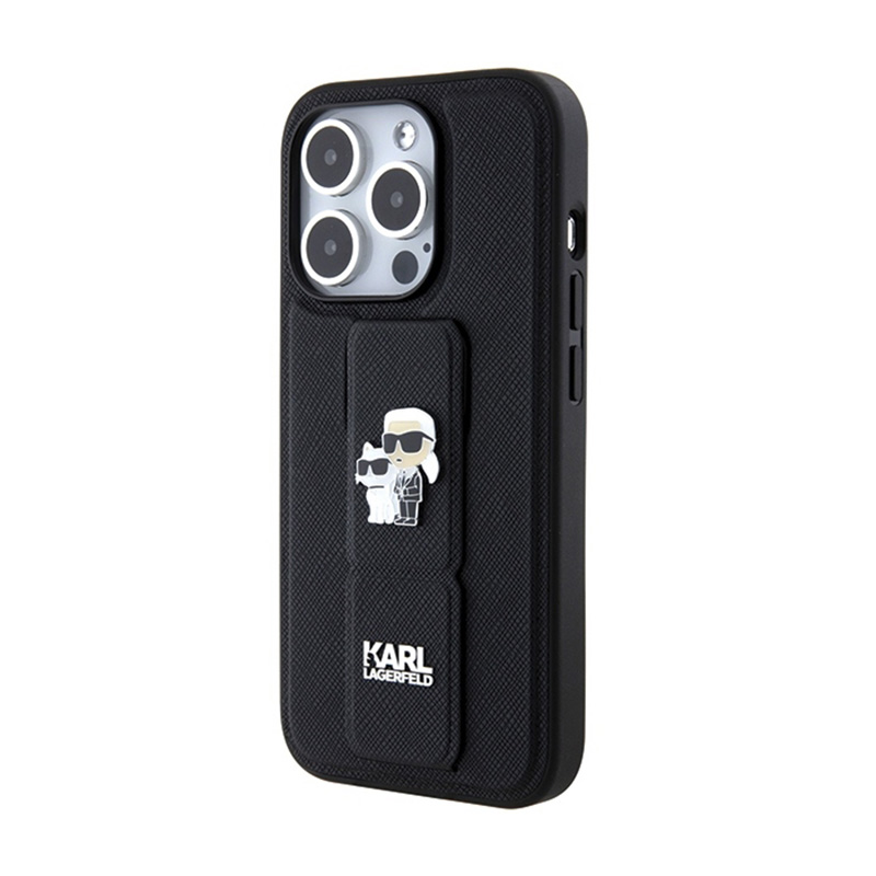 Karl Lagerfeld Gripstand Saffiano Karl & Choupette Pins - Etui iPhone 15 Pro (czarny)