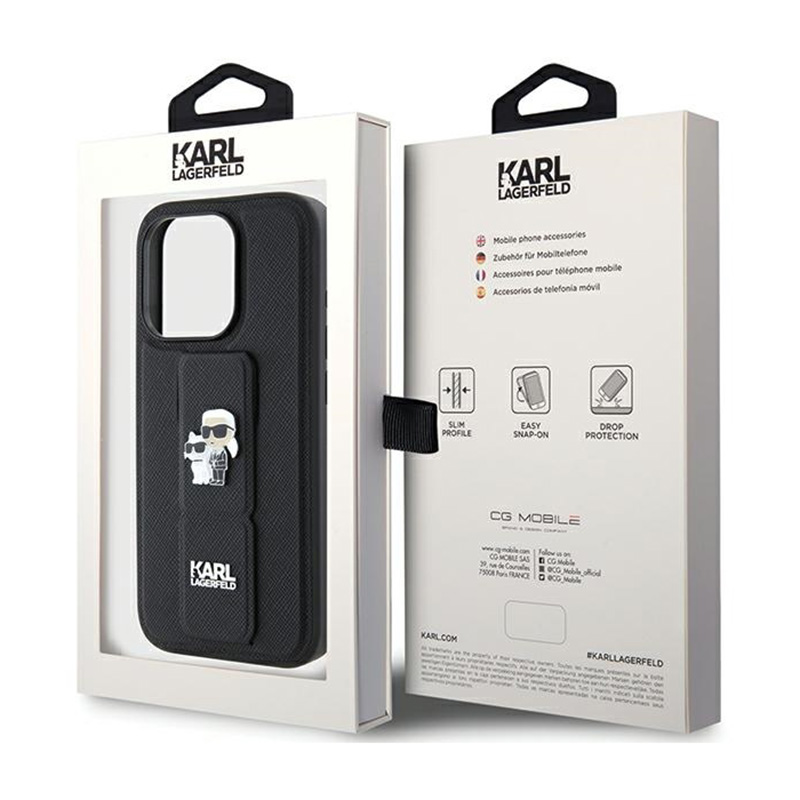 Karl Lagerfeld Gripstand Saffiano Karl & Choupette Pins - Etui iPhone 15 Pro (czarny)
