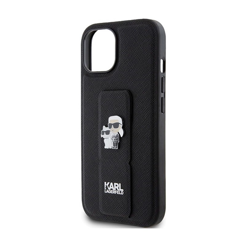Karl Lagerfeld Gripstand Saffiano Karl & Choupette Pins - Etui iPhone 15 Plus (czarny)