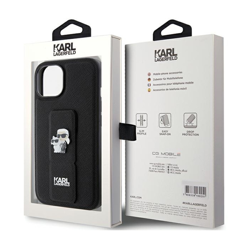 Karl Lagerfeld Gripstand Saffiano Karl & Choupette Pins - Etui iPhone 15 Plus (czarny)