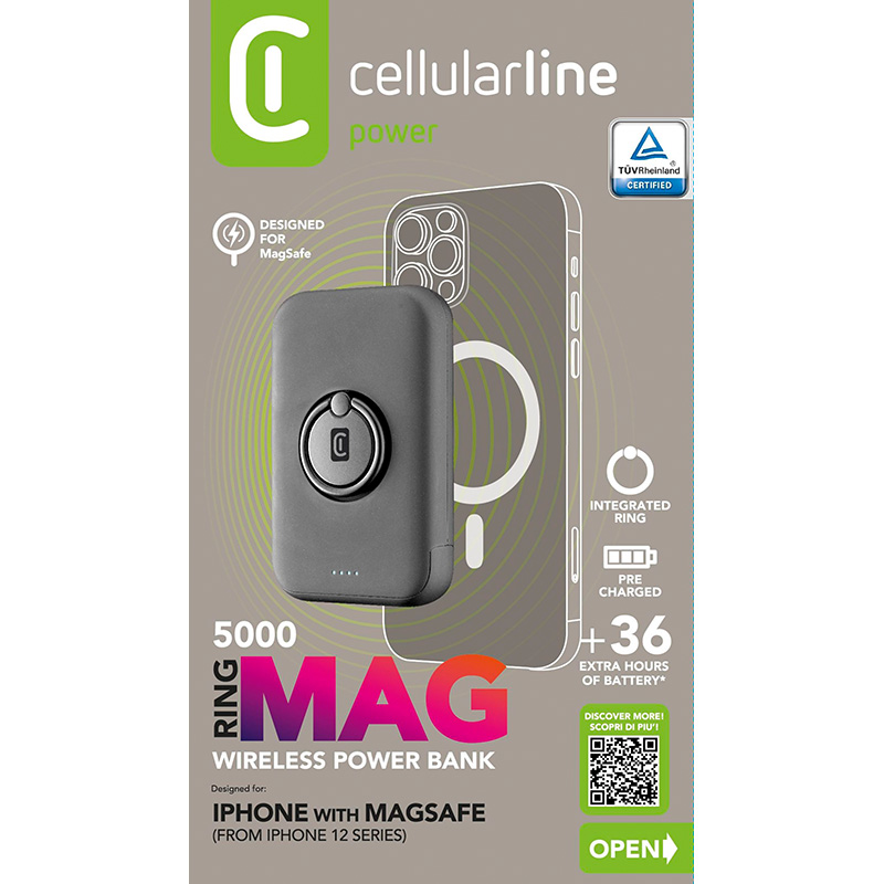 Cellularline Ring MAG 5000 - Power bank indukcyjny 5000mAh 7.5W MagSafe z funkcją standu (czarny)