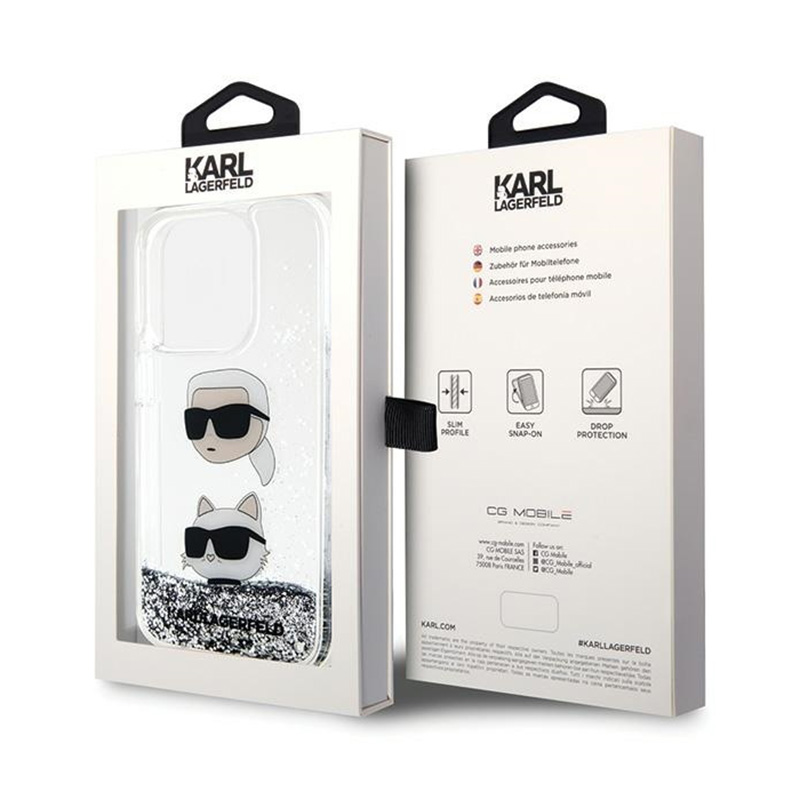 Karl Lagerfeld Liquid Glitter Karl & Choupette Heads - Etui iPhone 14 Pro (srebrny)