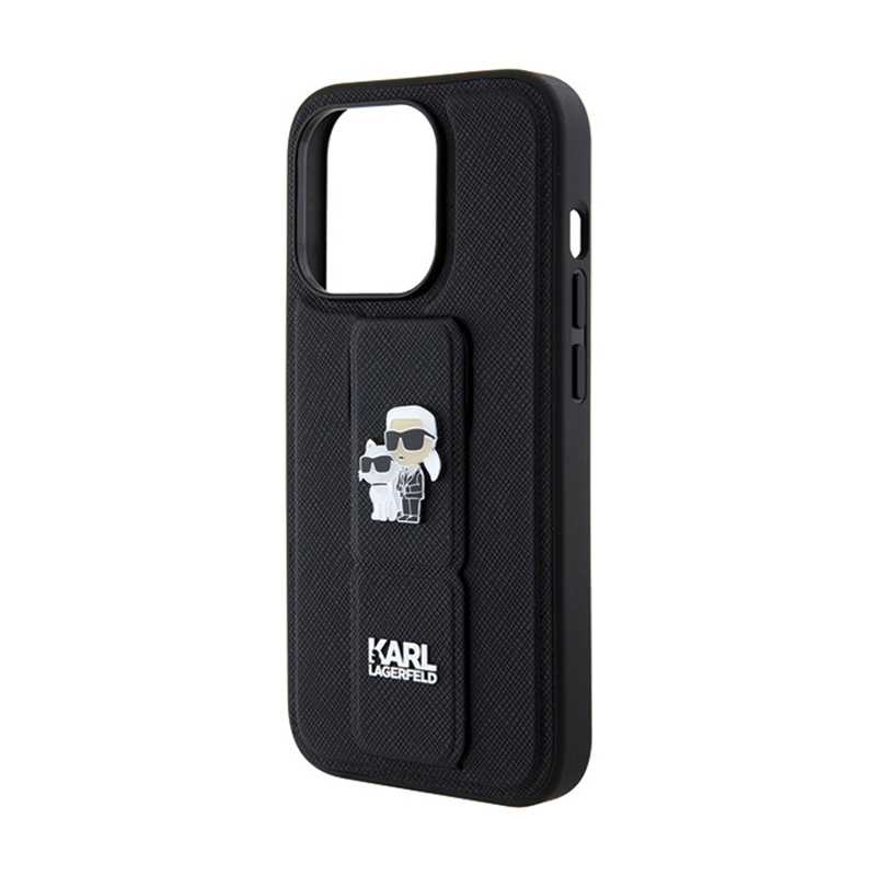 Karl Lagerfeld Gripstand Saffiano Karl & Choupette Pins - Etui iPhone 13 Pro (czarny)
