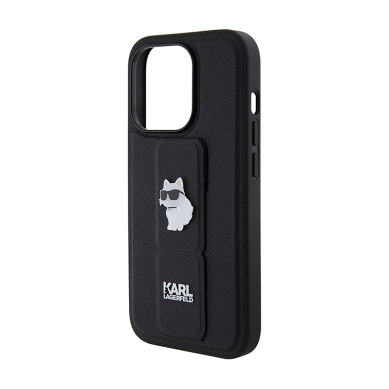 Karl Lagerfeld Gripstand Saffiano Choupette Pins - Etui iPhone 14 Pro Max (czarny)