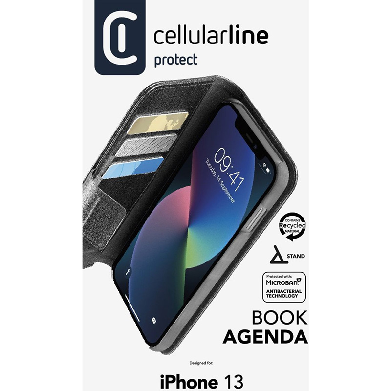 Cellularline Book Agenda - Etui iPhone 13 z powłoką MICROBAN (czarny)