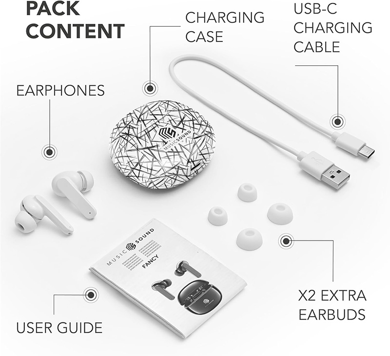Cellularline Music Sound Fancy - Bezprzewodowe słuchawki Bluetooth V5.3 TWS z etui ładującym (biały/czarny)