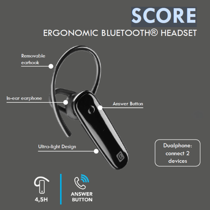 Cellularline Score - Uniwersalna słuchawka Bluetooth V5.0 obsługująca do 2 urządzeń jednocześnie (czarny)