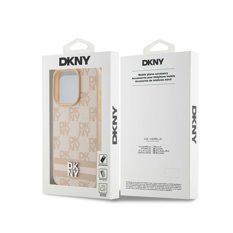 DKNY Leather Checkered Mono Pattern & Printed Stripes - Etui iPhone 15 Pro (różowy)