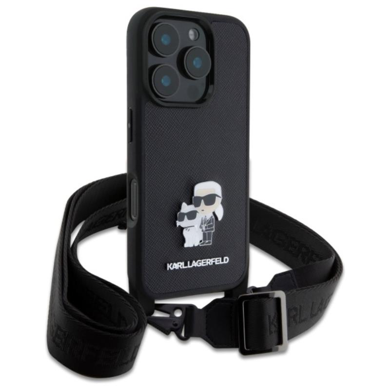 Karl Lagerfeld Saffiano Karl & Choupette Metal Pin CBDY Strap - Etui iPhone 16 Pro Max (czarny)